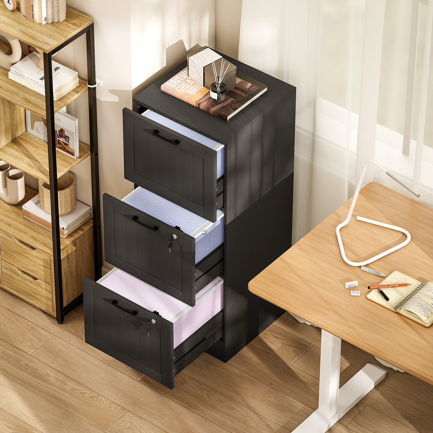 HOMCOM 3 Drawer Filing Cabinet with Lock, Office Storage Cabinet with Adjustable Hanging Bars for A4 Letter Size Files, Black