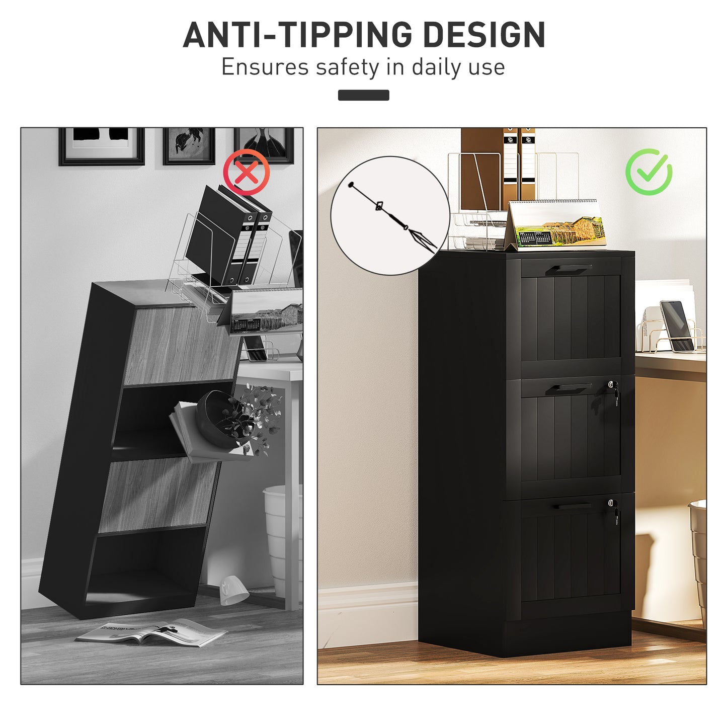 HOMCOM 3 Drawer Filing Cabinet with Lock, Office Storage Cabinet with Adjustable Hanging Bars for A4 Letter Size Files, Black
