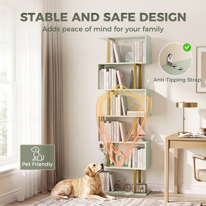 HOMCOM S-Shaped Bookshelf, 6-Tier Bookcase, Freestanding Storage Shelves with Anti-Tip Strap for Living Room, Light Green