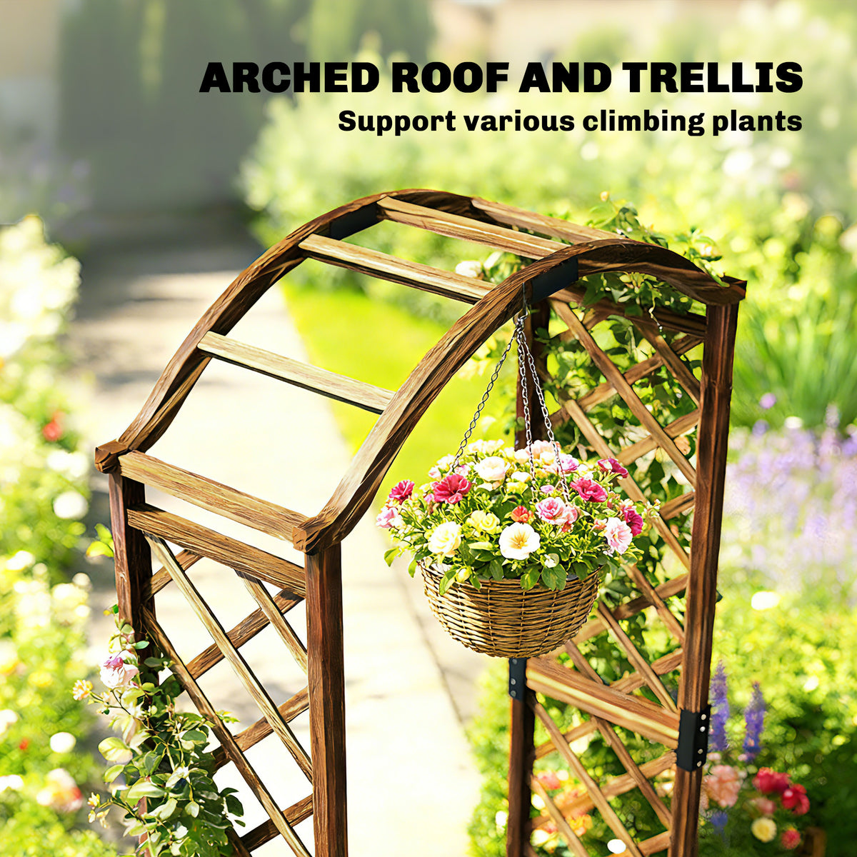 Outsunny Wooden Garden Arch with 2 Planter Boxes, Outdoor Rose Arch Trellis for Climbing Vines, Carbonised-Arches-ChewyGames-ChewyGames