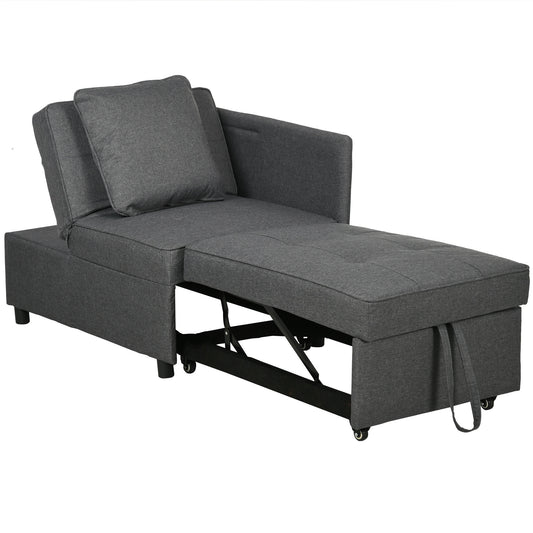 HOMCOM Convertible Single Sofa Bed, 3-in-1 Multi-Functional Sleeper Chair Bed with Magazine Pocket, Grey