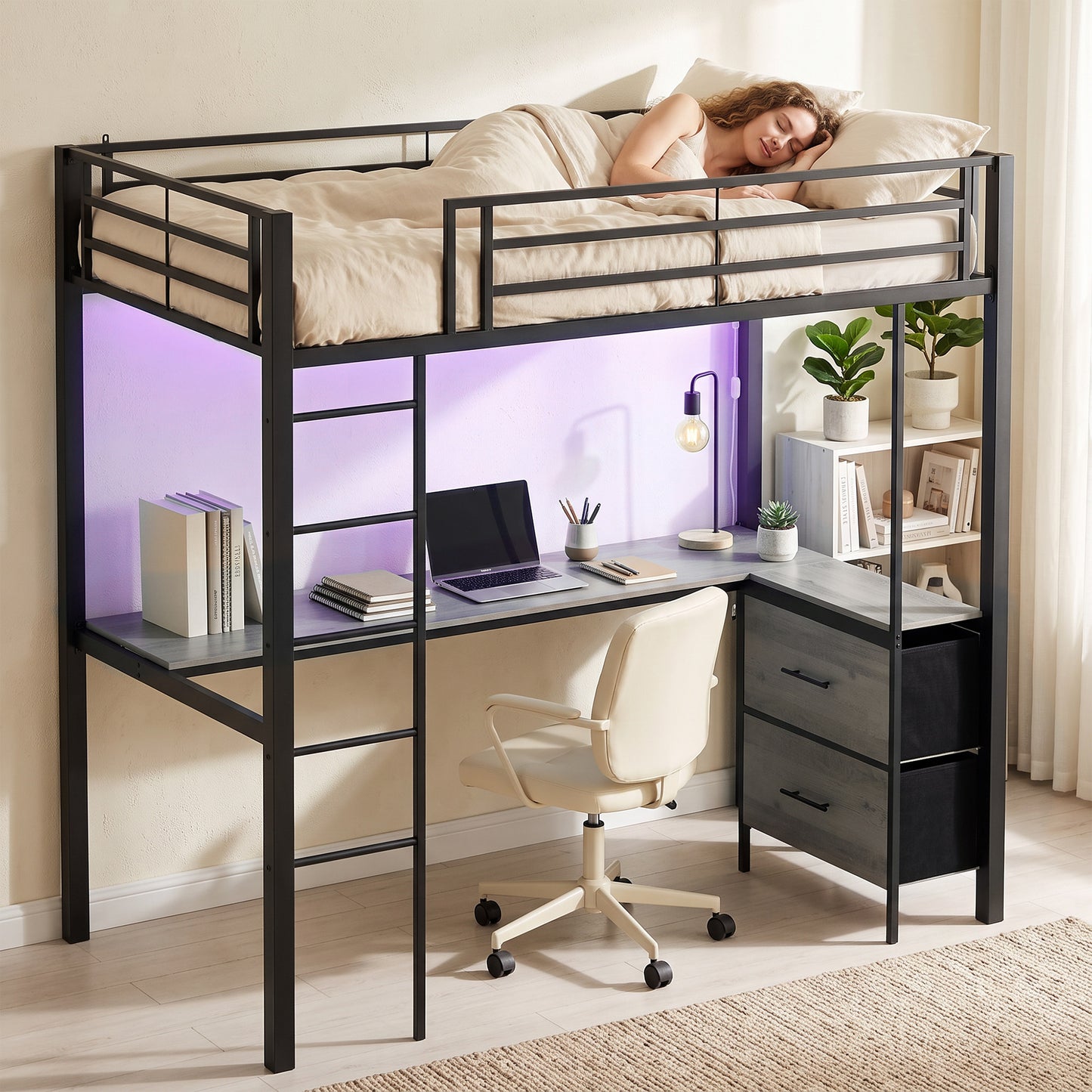 HOMCOM Metal Bunk Bed with Desk, High Sleeper Bed with LED Light and Safety Guardrail for Teens Adults, No Box Spring Needed