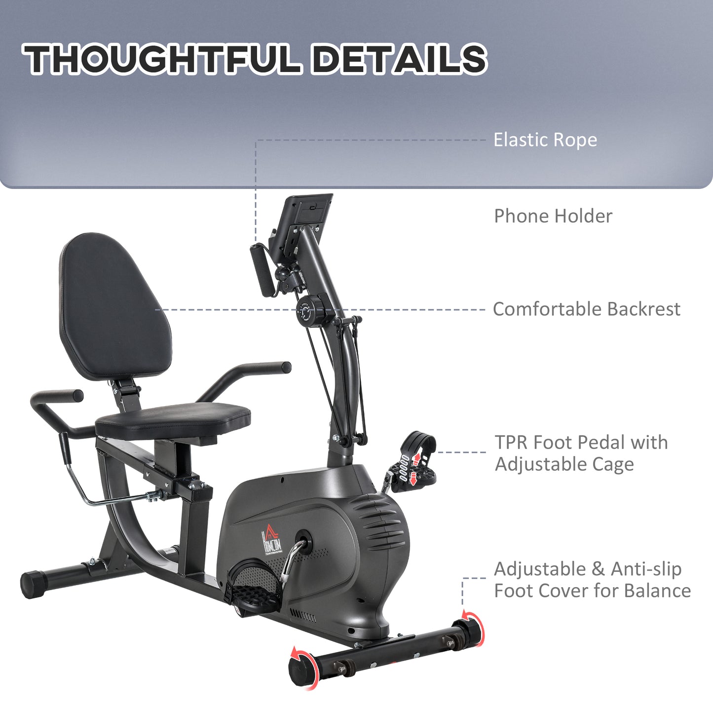 HOMCOM Recumbent Seated Exercise Bike, Recovery Rehab Exercise Bike Home Exerciser, 8-Level Magnetic Resistance Stationary Bike with Pad Holder, LCD Monitor, Wheels for Indoor Cardio Workout, Black