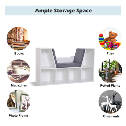HOMCOM Bookcase Storage Shelf with Cushioned Reading Seat, Cube Bookshelf Organizer for Bedroom Living Room, White