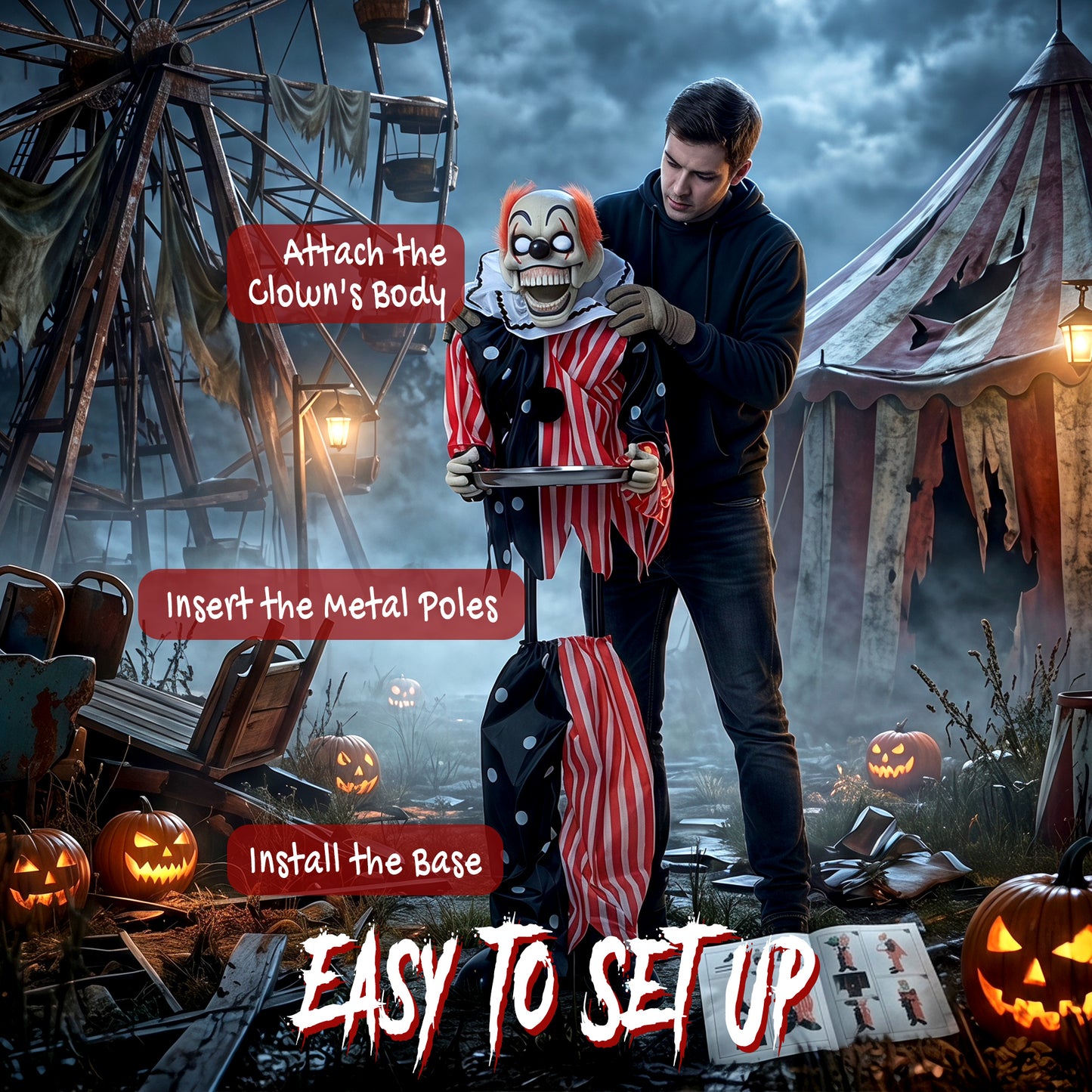 HOMCOM Animated Clown Halloween Decoration, Scary Halloween Animatronics Decor with Sound Touch Activated