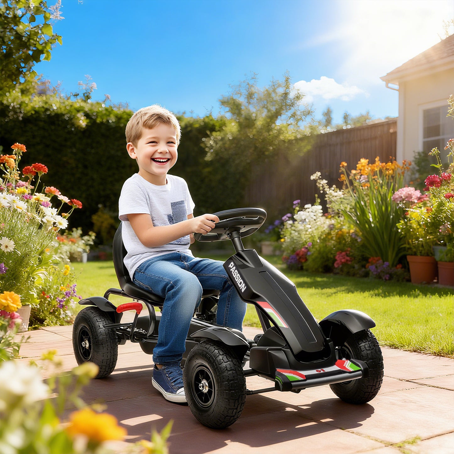 HOMCOM Metal Kids Pedal Go Kart with Adjustable Seat Inflatable Tyres Black