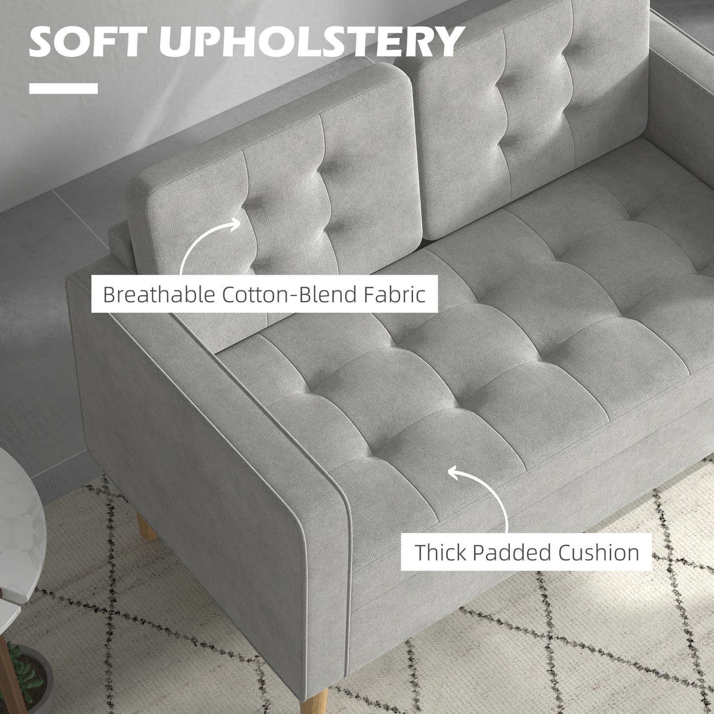 HOMCOM 2 Seater Storage Sofa, Fabric Couch with Hidden Under Seat Storage, Thick Cushions, Compact Space Saving Settee with Rubberwood Legs for Living Room, Apartment, Light Grey