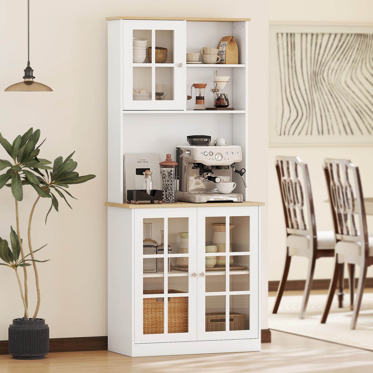 HOMCOM Freestanding Kitchen Cupboard, Storage Cabinet with Doors and Adjustable Shelves, Counter Top, Grid Glass Doors, 80L x 37W x 183H cm - White