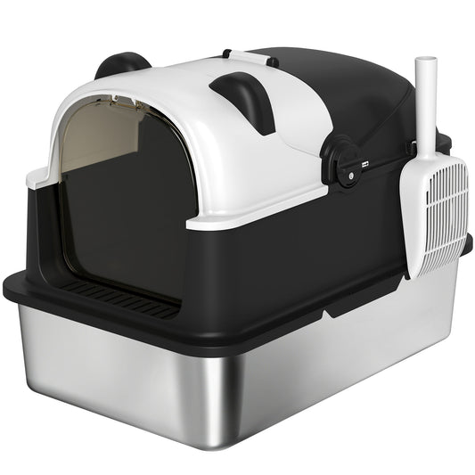 PawHut Panda Style XL Stainless Steel Cat Litter Box with Lid, Enclosed Kitty Litter Box with Scoop, 60 x 40 x 45 cm
