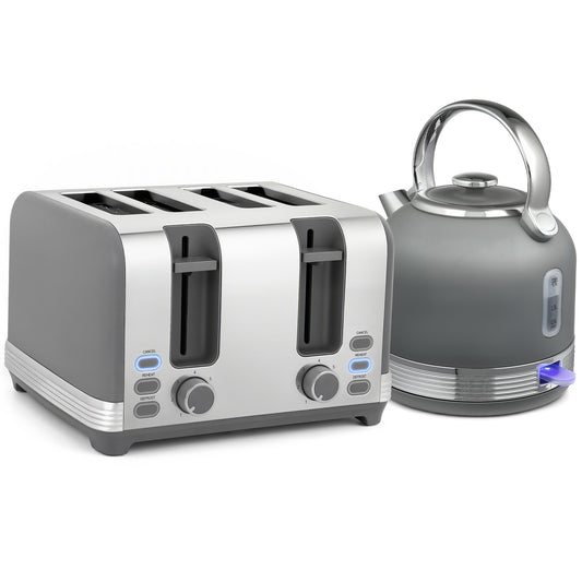 HOMCOM Stainless Steel Kettle and Toaster Set, 1.7L 3000W Cordless Fast Boil Kettle, 4 Slice Toaster Kitchen Set, Grey
