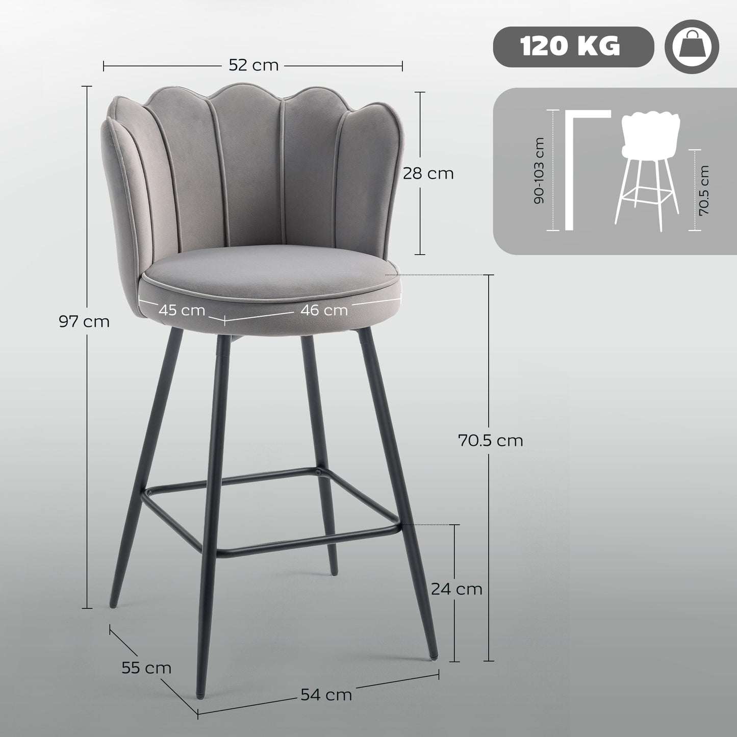 HOMCOM Set of Two Velvet-Feel Lotus Bar Stools - Grey