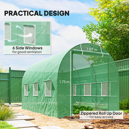 Outsunny 3.5 x 2m Walk-In Polytunnel Greenhouse, with Steel Frame, PE Cover, Roll-Up Door and 6 Windows, Green