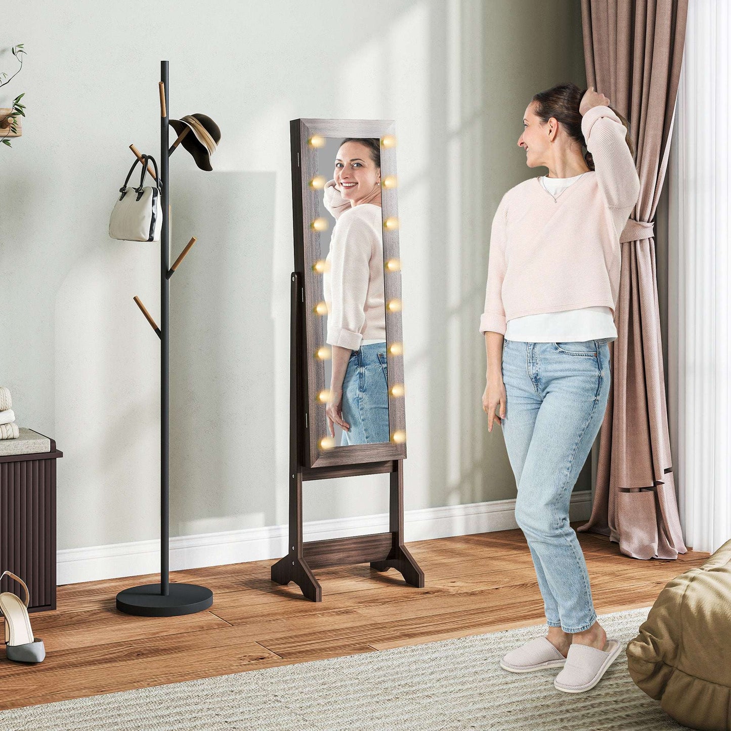 HOMCOM Freestanding Mirrored Jewellery Storage Cabinet - Dark Brown