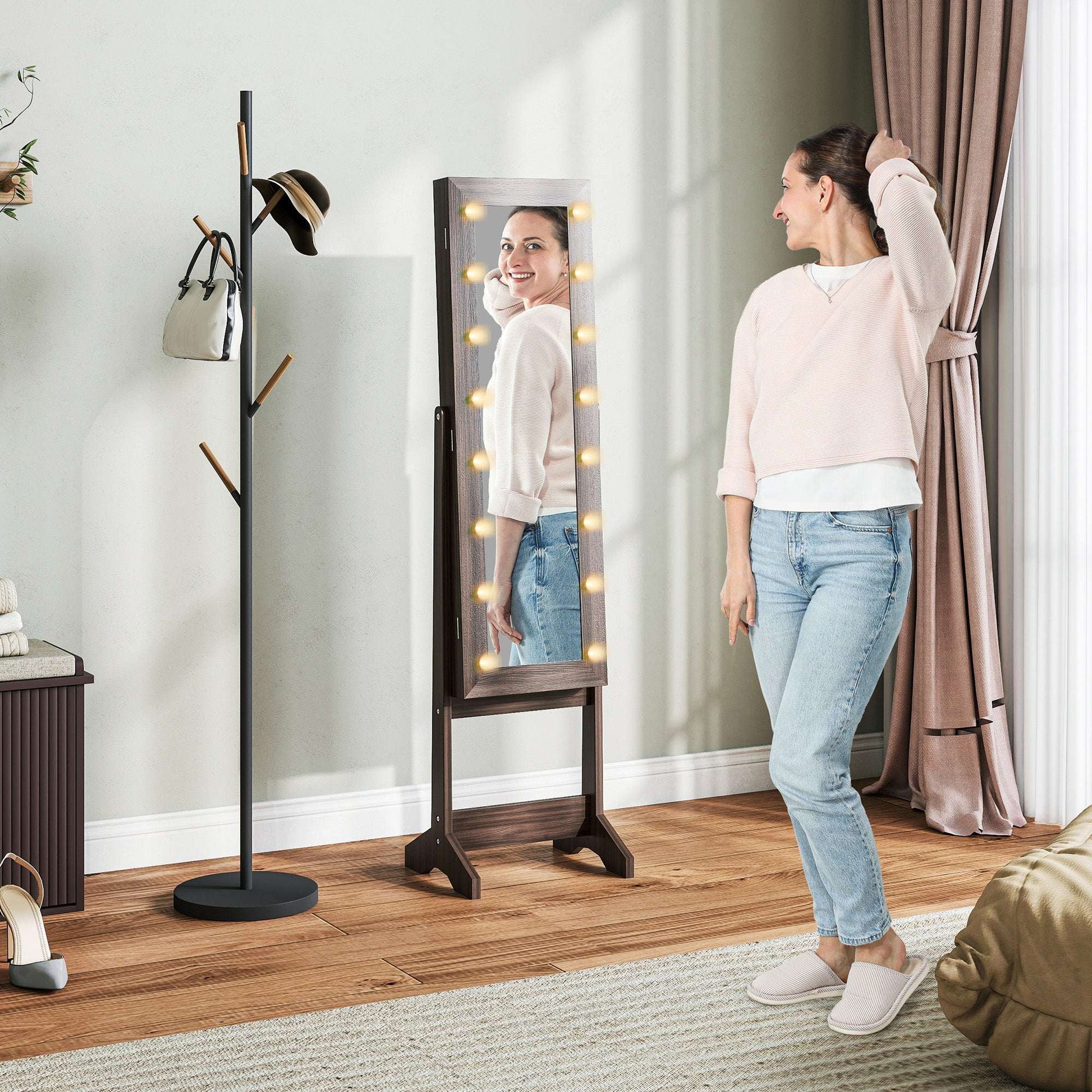HOMCOM Freestanding Mirrored Jewellery Storage Cabinet - Dark Brown