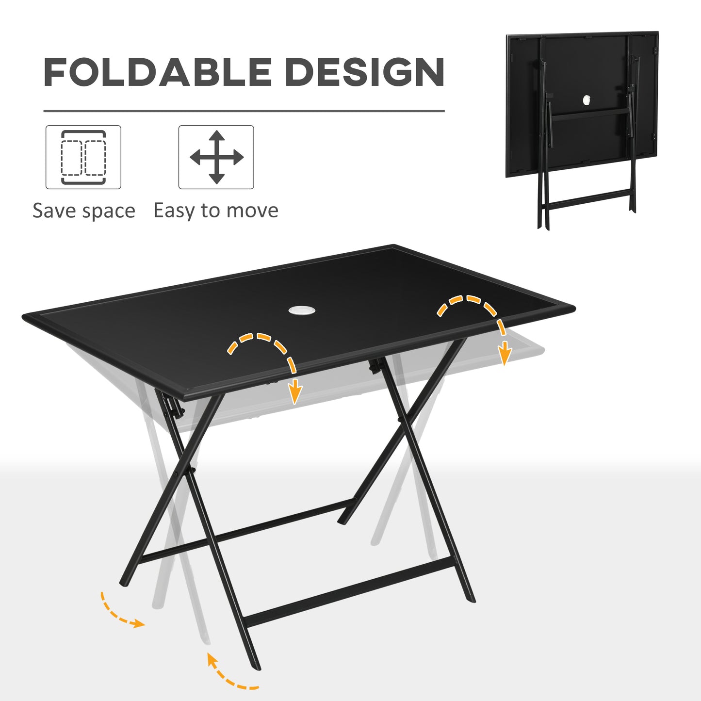 Outsunny Folding Outdoor Dining Table for 6, Rectangle Garden Table Tempered Glass Top with Parasol Hole for Patio, Balcony, Terrace, 110 x 70 x 70 cm, Black
