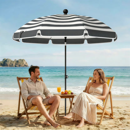 Outsunny 1.8 m Beach Umbrella Parasol with Sand Anchor, Portable 30° Tilting Patio Sun Shade with Adjustable Height, Grey/White