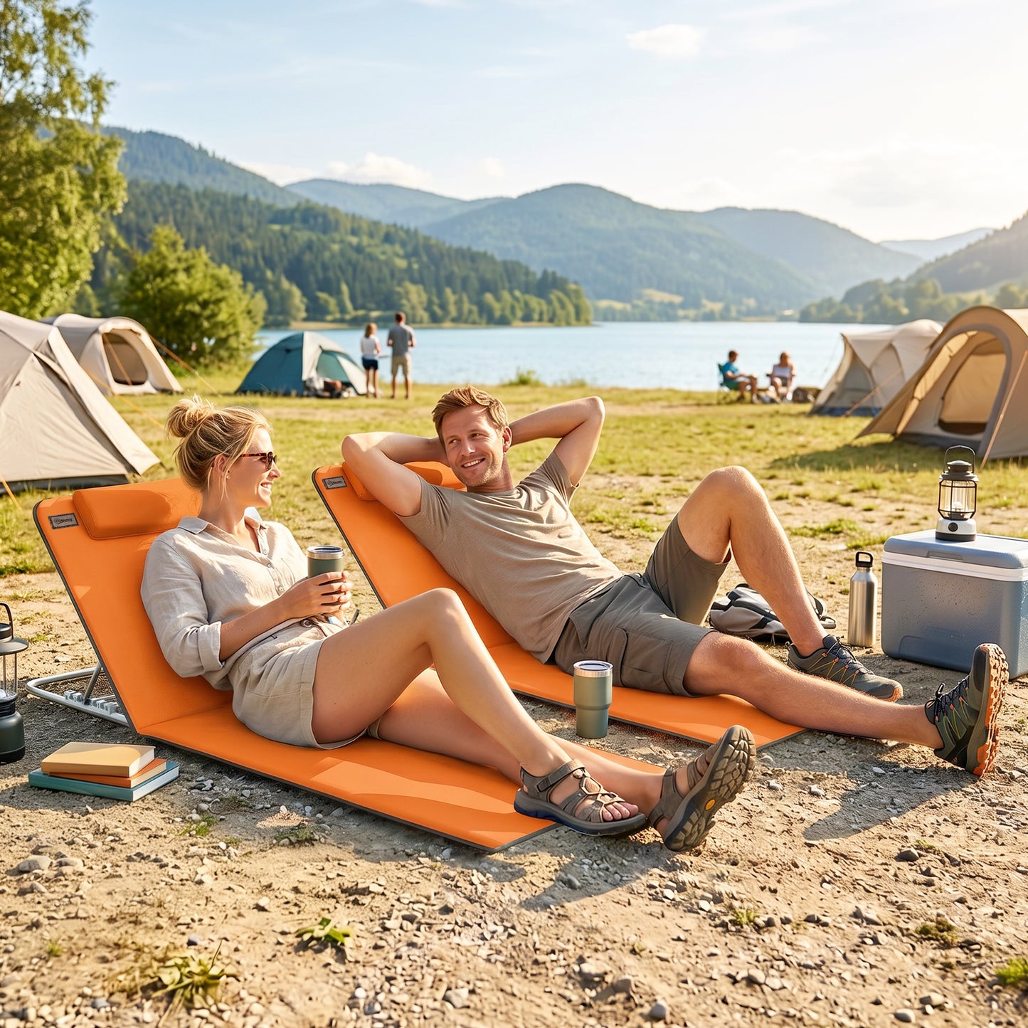 Outsunny Set of Two Metal Frame Beach Chairs, with Reclining Backs - Orange