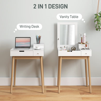 HOMCOM Dressing Table with Flip-up Mirror, Makeup Desk with 2 Drawers and Pine Wood Legs, Vanity Table Writing Desk for Bedroom Living Room, White