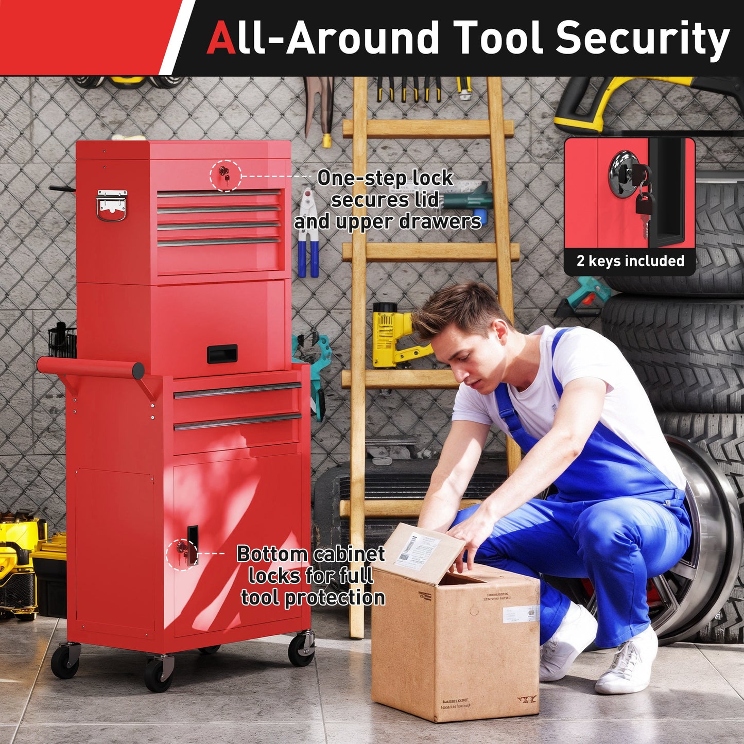 HOMCOM Three-Part Steel Locking Tool Chest - Red-Rolling Cabinets & Chests-ChewyGames-ChewyGames