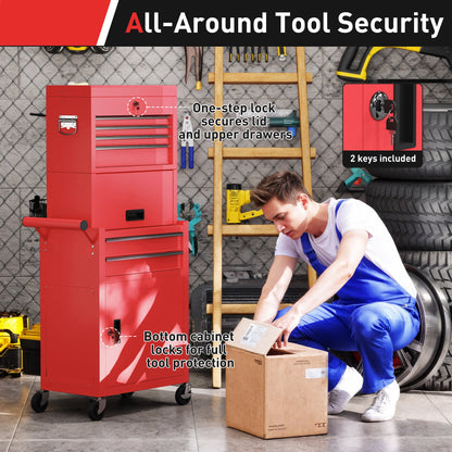 HOMCOM Three-Part Steel Locking Tool Chest - Red-Rolling Cabinets & Chests-ChewyGames-ChewyGames