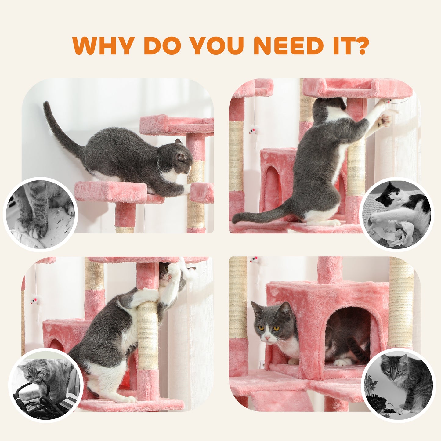 PawHut 173cm Cat Tree Scratching House, Activity Play Centre, Pink