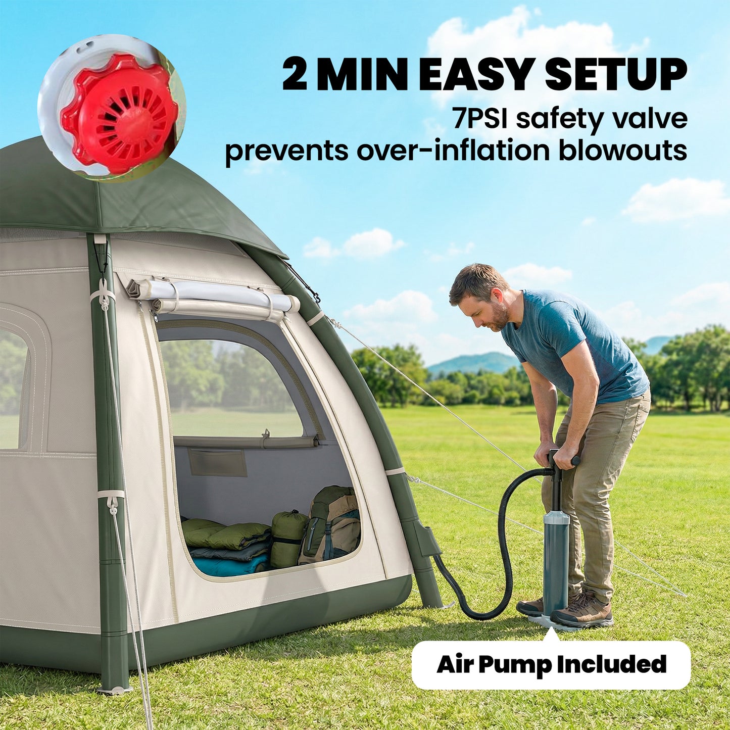Outsunny Inflatable Camping Tent with Rainfly, 3 Man Air Tent 3000mm Waterproof Blow Up Tents, Beige