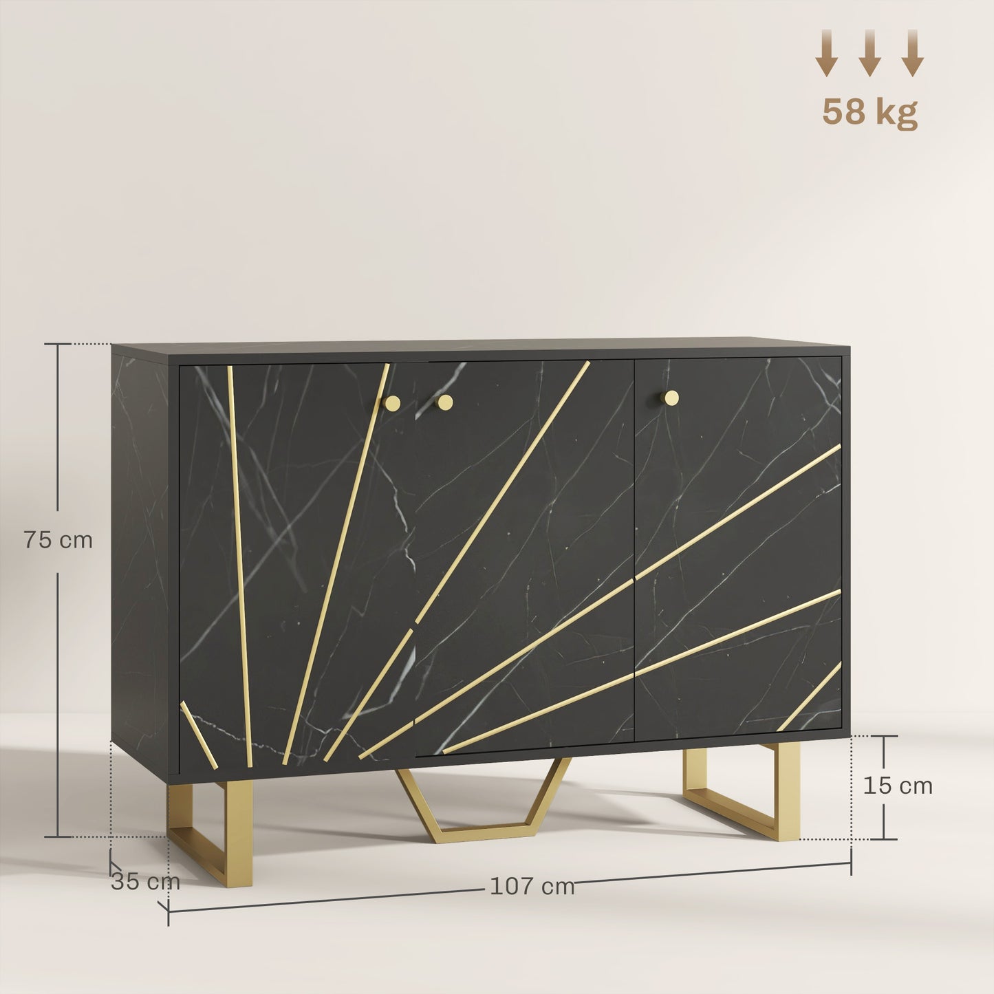 HOMCOM Sideboard Storage Cabinet, Modern Storage Cupboard with Adjustable Shelves and Metal Legs for Living Room, Kitchen, Dining Room, Entryway, Black Marble Tone
