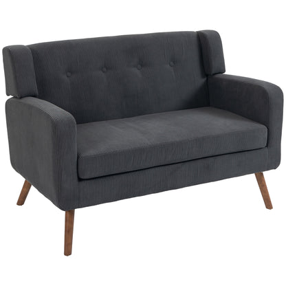 HOMCOM 2 Seater Sofa, 118 cm Corduroy Small Loveseat with Spring Cushion, Wood Legs for Small Space, Living Room, Dark Grey