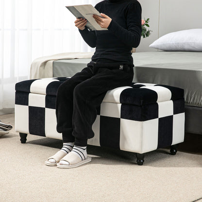 HOMCOM Storage Ottoman, Storage Bench with Wood Legs, Footstool, Footrest with Velvet Surface for Bedroom, Hallway, Living Room, 114 x 47 x 47 cm, White and Black