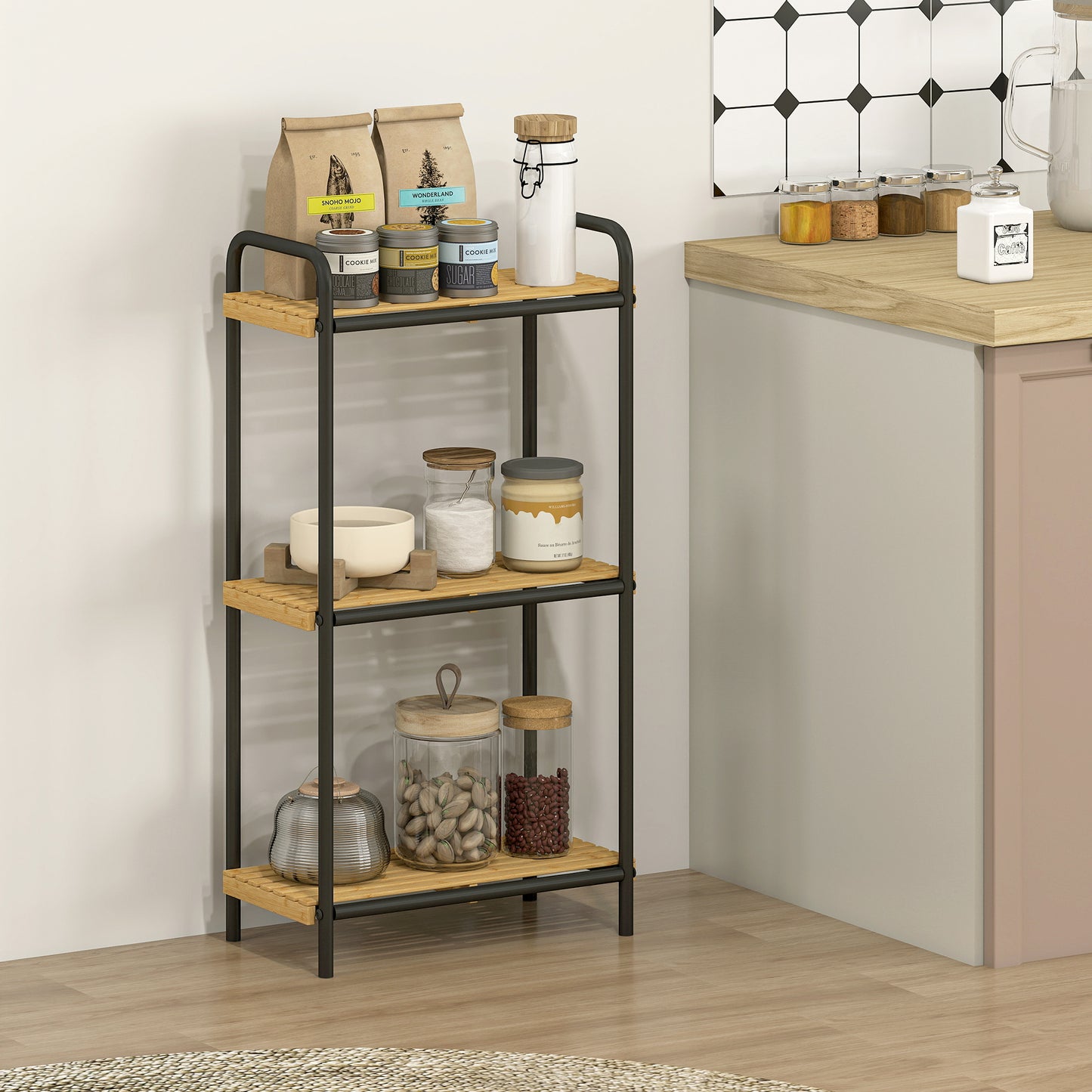 HOMCOM 3-Tier Bamboo Bathroom Storage Shelf, Freestanding Narrow Shelving Unit with Slatted Shelves for Kitchen Bathroom Living Room, 41.5 x 21.5 x 77.5 cm, Natural and Black
