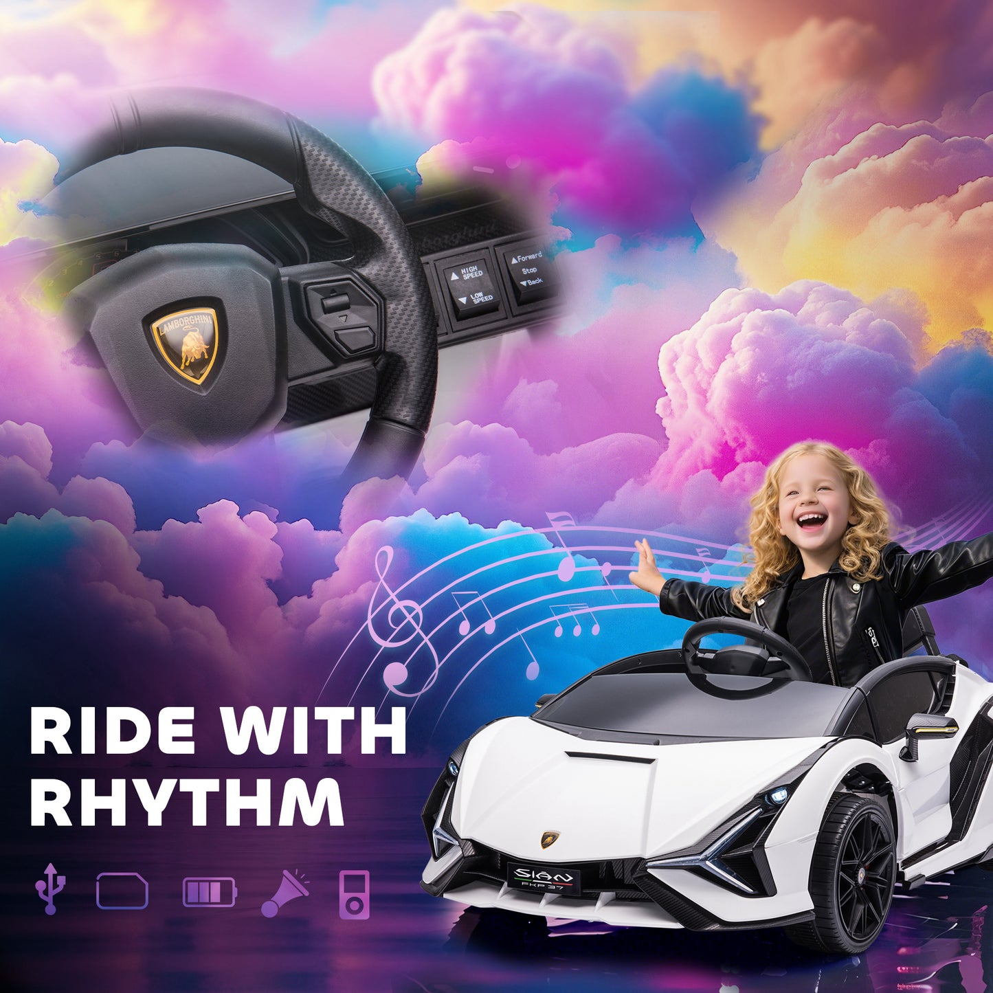 HOMCOM Lamborghini Sian Licensed 12V Electric Car for Kids 2 Motors Toy Car with Remote Control Music Lights MP3 for 3-5 Years White