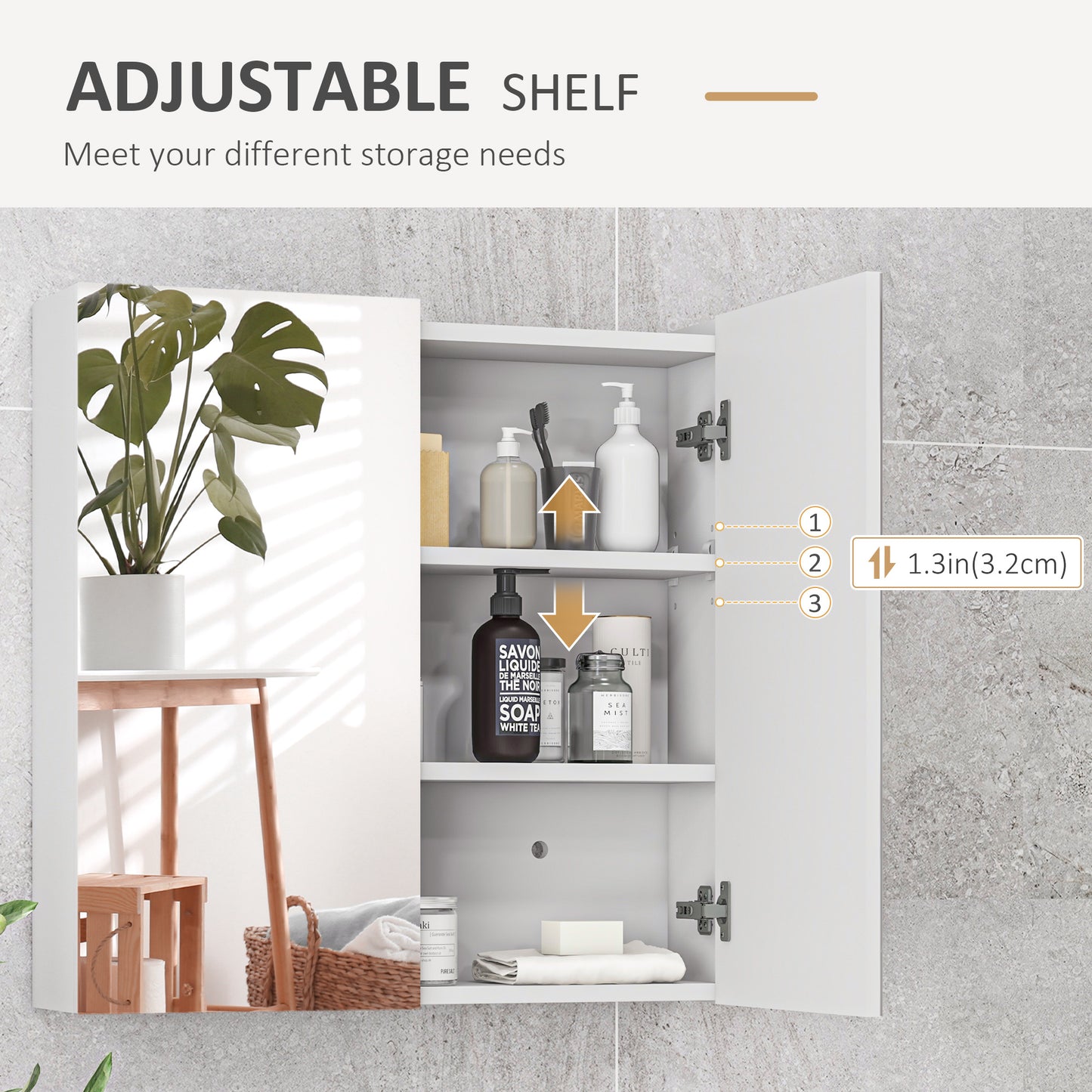 kleankin Bathroom Mirror Cabinet, Wall Mounted Bathroom Storage Cupboard with Adjustable Shelf, 60W x 15D x 60Hcm, High Gloss White-Medicine Cabinets-ChewyGames-ChewyGames
