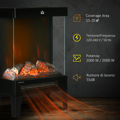HOMCOM 180° Charming Electric Fireplace Heater, Quiet Freestanding Stove with LED Flame Effect, 3-Sided Tempered Glass Panels, Level-less Temperature Control, Overheat Protection, 1000W/2000W, Black-Indoor Fireplaces-ChewyGames-ChewyGames