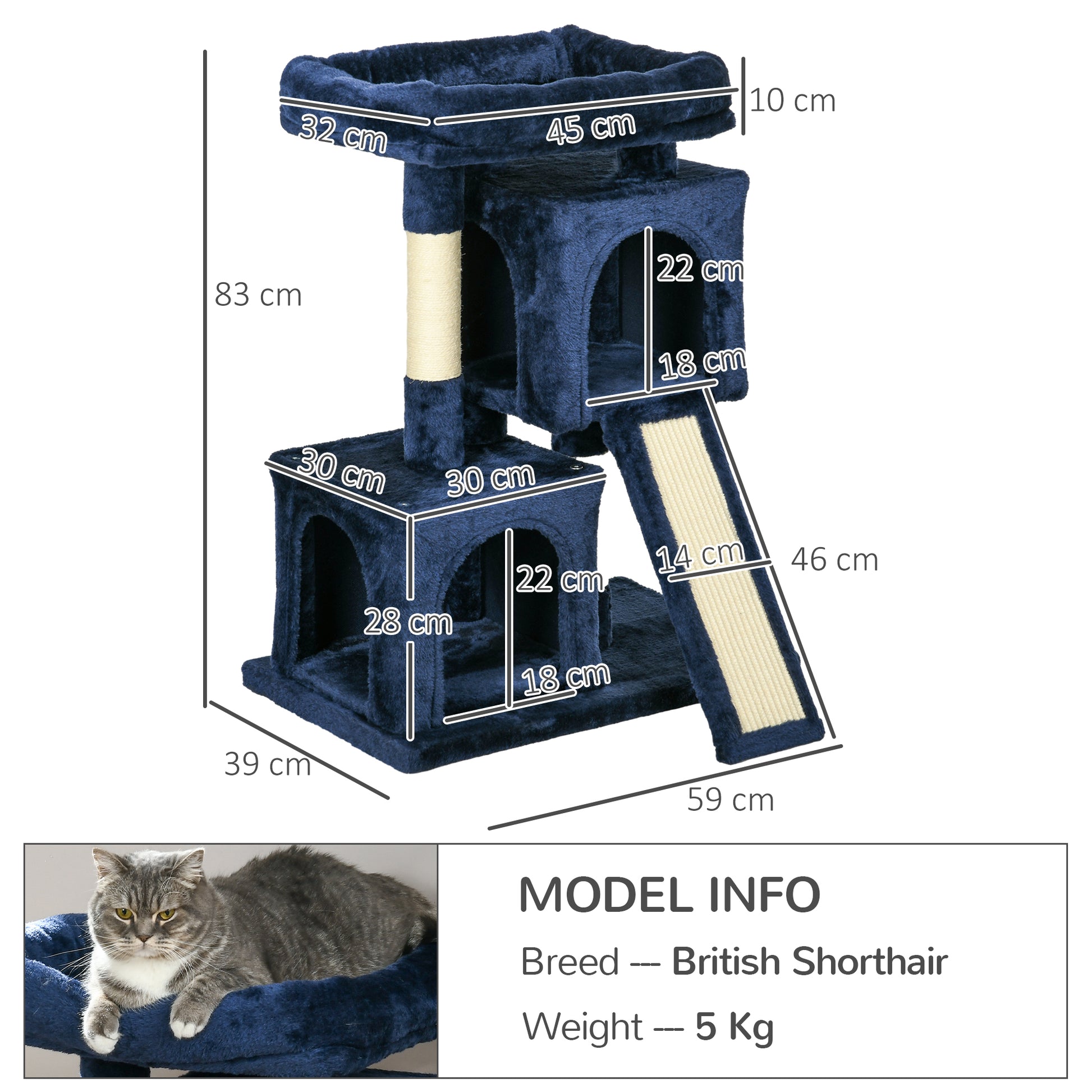 PawHut Sisal Cat Rest & Play Activity Tree w/ 2 House Navy Blue-Cat Trees & Towers-ChewyGames-ChewyGames