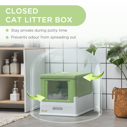 PawHut Hooded Cat Litter Box, Portable Pet Toilet, with Scoop, Front Entry - Emerald Green