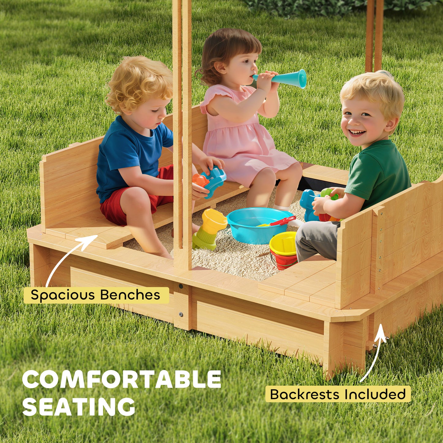 Outsunny Kids Square Wooden Sandpit, Children Sandbox Outdoor Playset