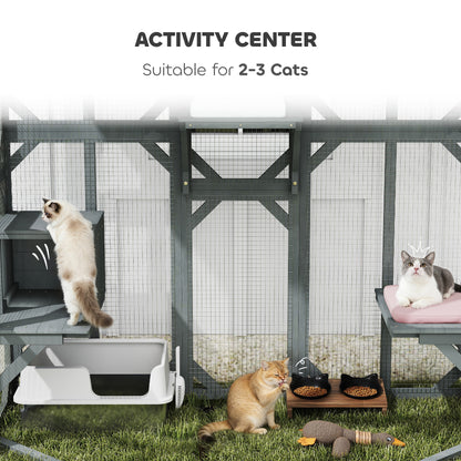 PawHut Catio Outdoor Cat Enclosure,  Wooden Cat House with Platforms, Condo and Waterproof Cover for 2–3 Kittens, Grey