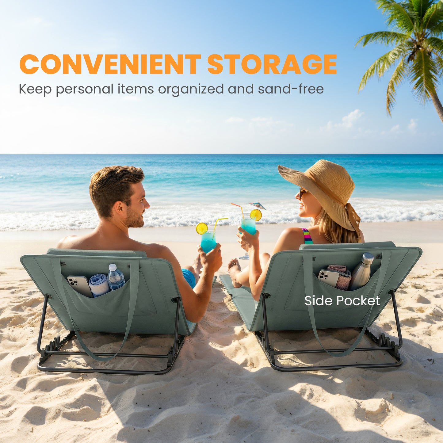 Outsunny Foldable Sun Loungers Set of 2, Portable Folding Beach Lounger with 4-level Adjustable Backrest, Grey