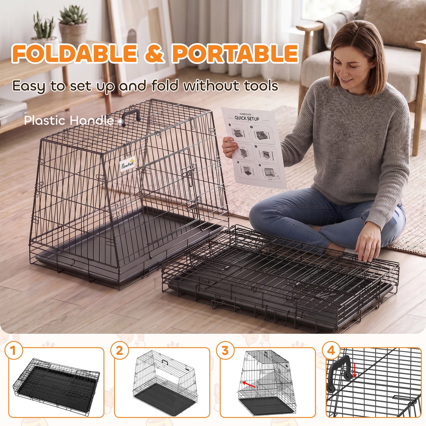 PawHut 35"(90 cm) Car Dog Crate Medium Large Collapsible Slanted Travel Dog Cage with Tray for Car Boot