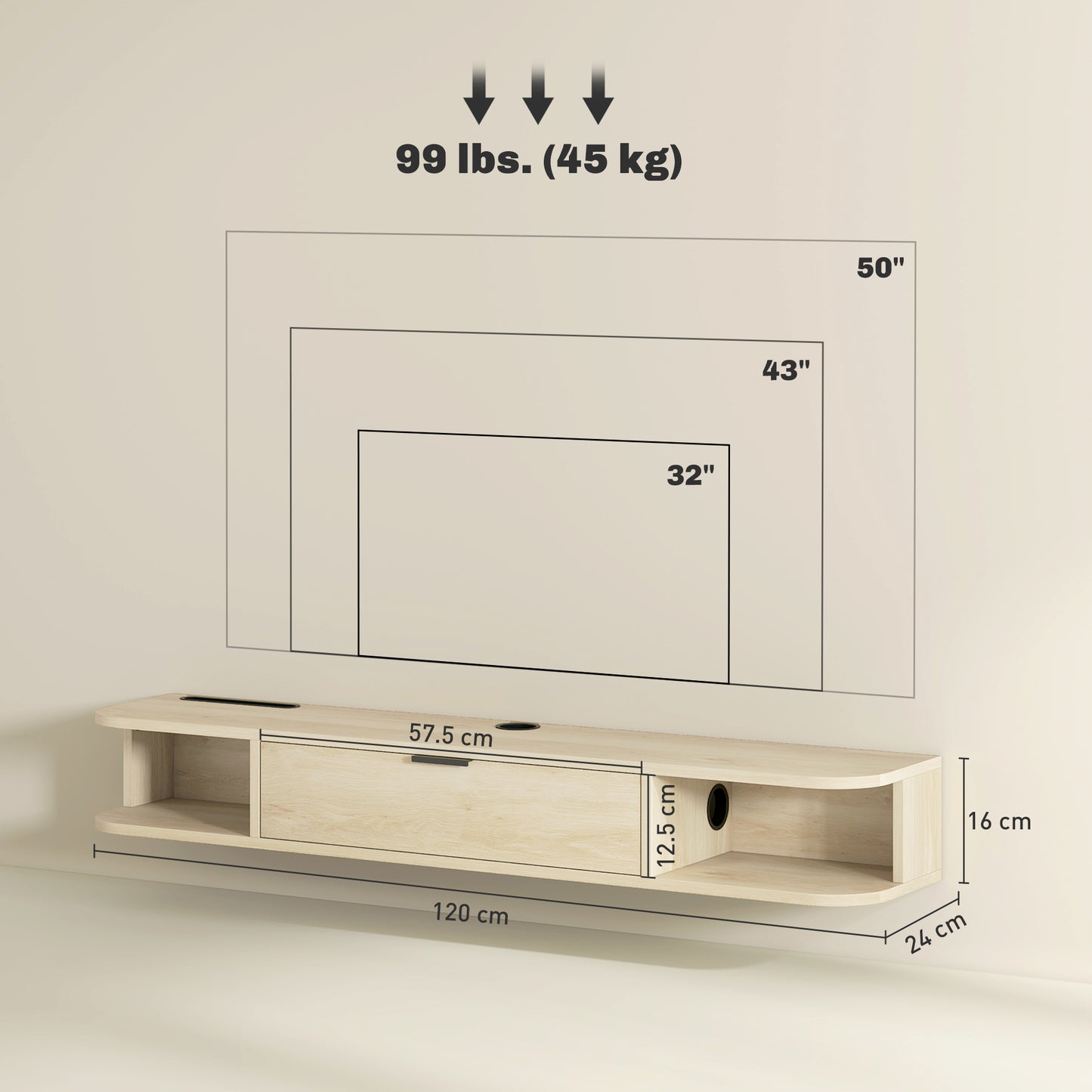HOMCOM 120 cm Floating TV Unit for TVs up to 50 Inch - Natural