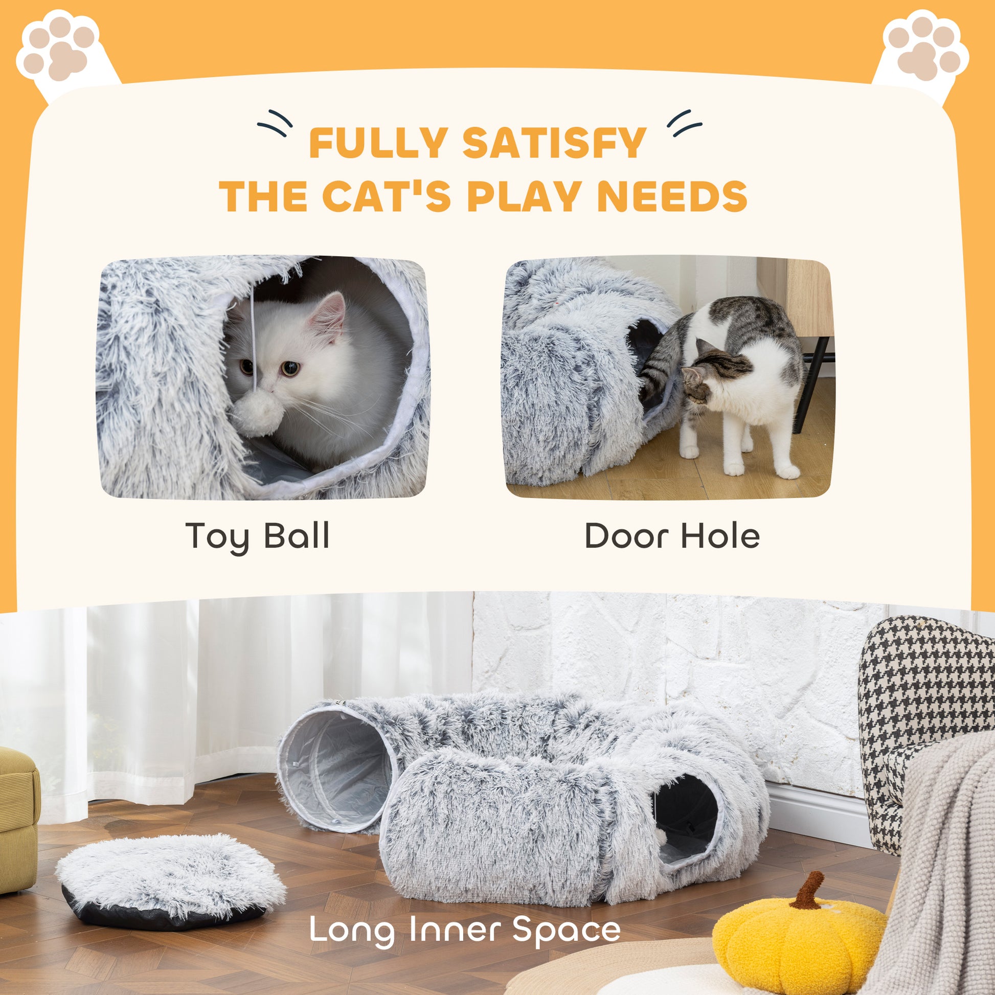 PawHut 2-in-1 Donut Cat Tunnel with Washable Bed, Play Tunnel Bed with Toy Ball and Door Hole for Indoor Cats, Light Grey--ChewyGames-ChewyGames