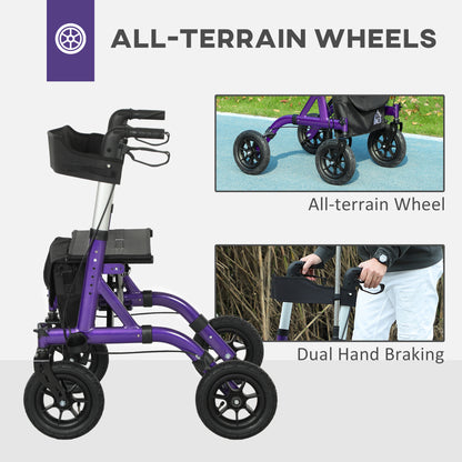 HOMCOM Folding Adjustable Rollator with Dual Brakes & 6 Adjustable Handle Heights for Seniors Purple