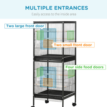 PawHut Bird Cage Budgie Cage 2 In 1 Large Aviary with Wheels Removable Trays for Finch Canaries Cockatiels Black