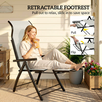 Outsunny Reclining Garden Chairs Set of 2, 5-Position Folding Sun Loungers with High Back, Retractable Footrest, Light Grey