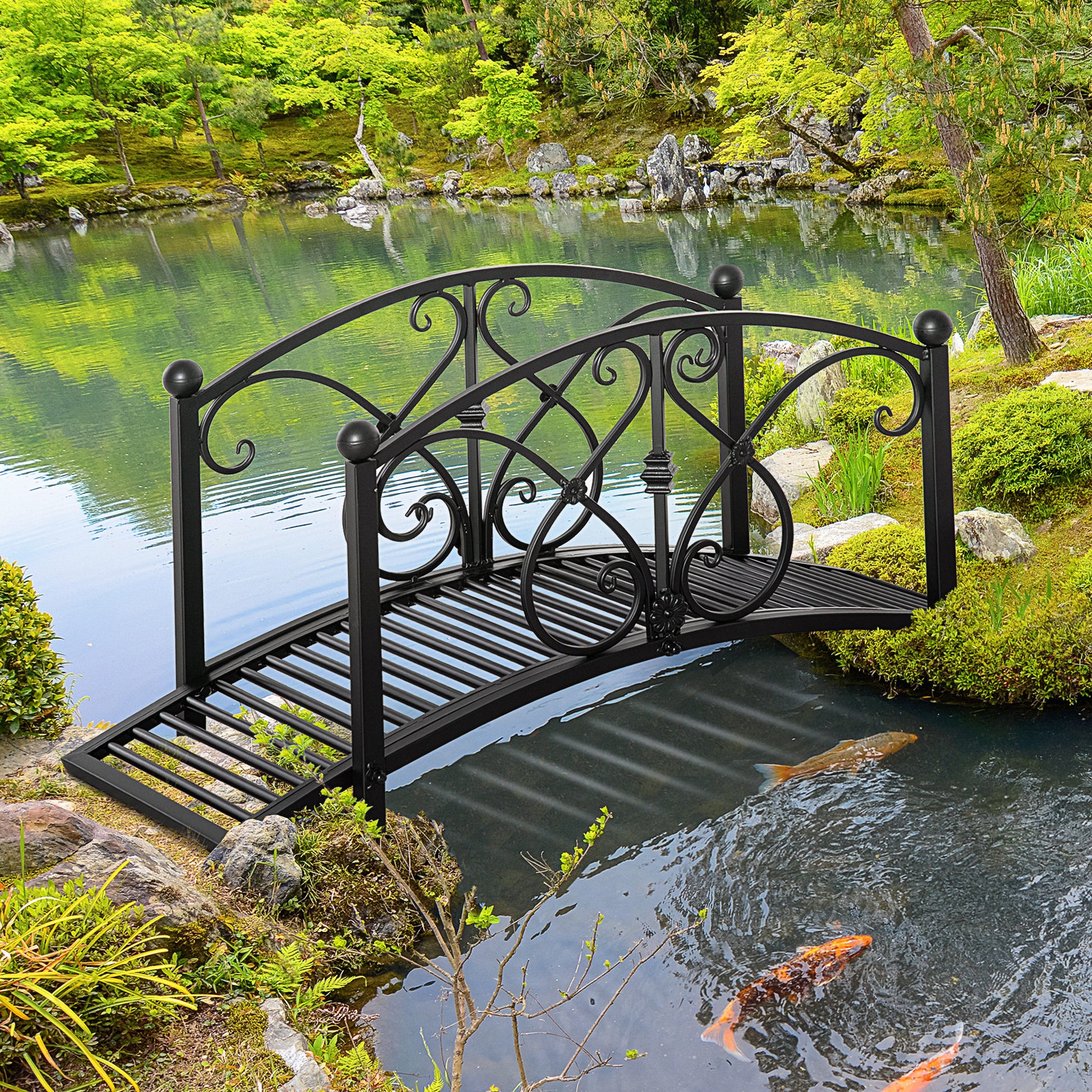 Outsunny 102L x 48W x 49H Classic Metal Garden Bridge with Safety Railings Arc Footbridge Decorative Pond Bridge for Backyard Creek Stream, Black--ChewyGames-ChewyGames