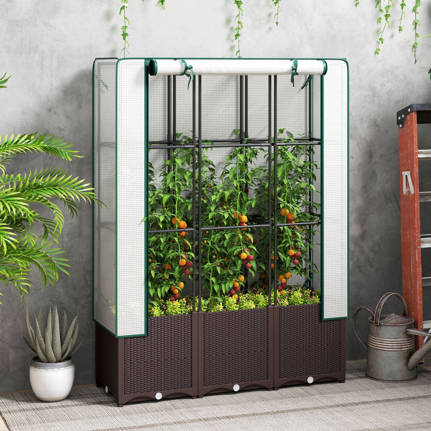 Outsunny Raised Garden Bed with Trellis, Plastic Planter Box with PE Cover, Drainage Holes, Drain Plugs and Water Reservoirs for Climbing Plants, Vegetables, Flowers, 120 x 40 x 140 cm