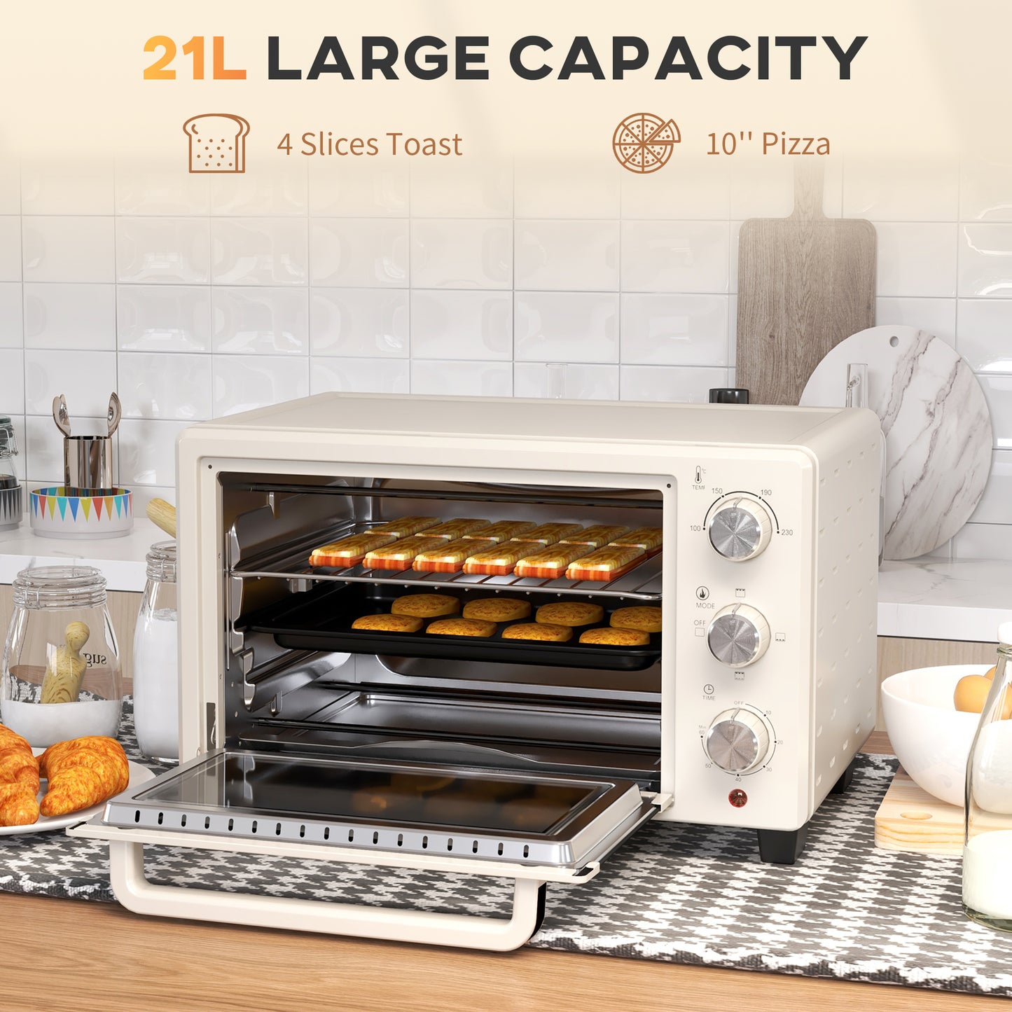 HOMCOM 21L Mini Countertop Oven, 100°C-230°C Adjustable Temp - White