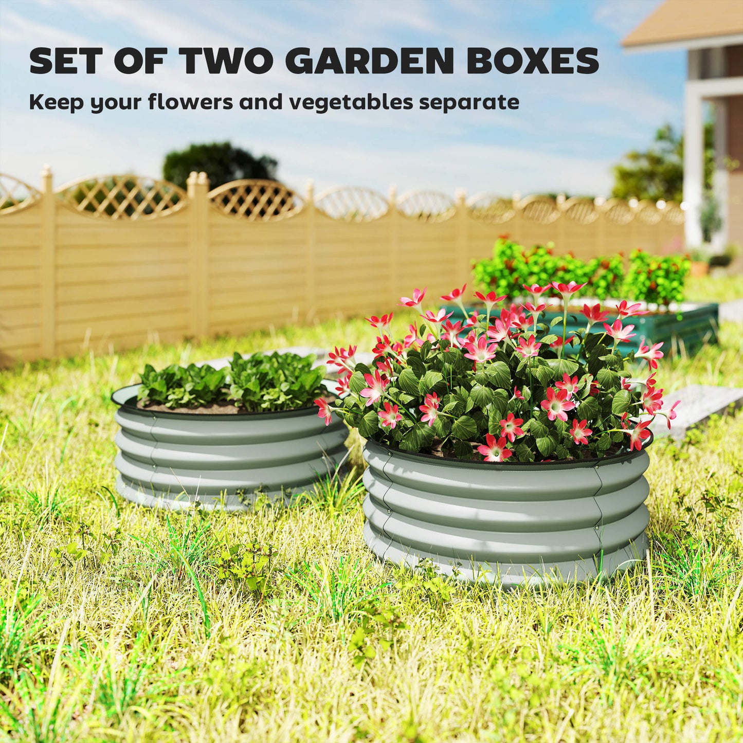 Outsunny Set of 2 Raised Garden Bed, Metal Planter Box with Safety Edging, Easy-to-assemble Stock Tank, Green