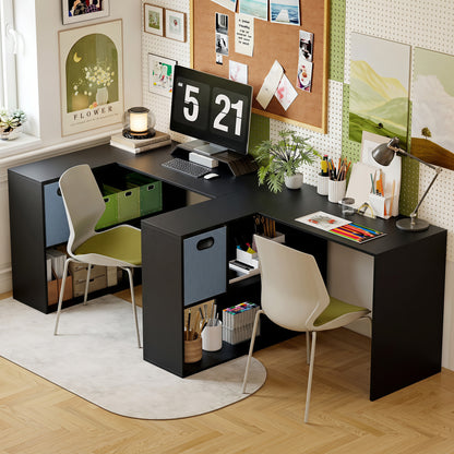 HOMCOM 110 cm L-Shaped Desk, Small Computer Desk with Fabric Drawer and Storage Shelves for Home Office, Study, Black