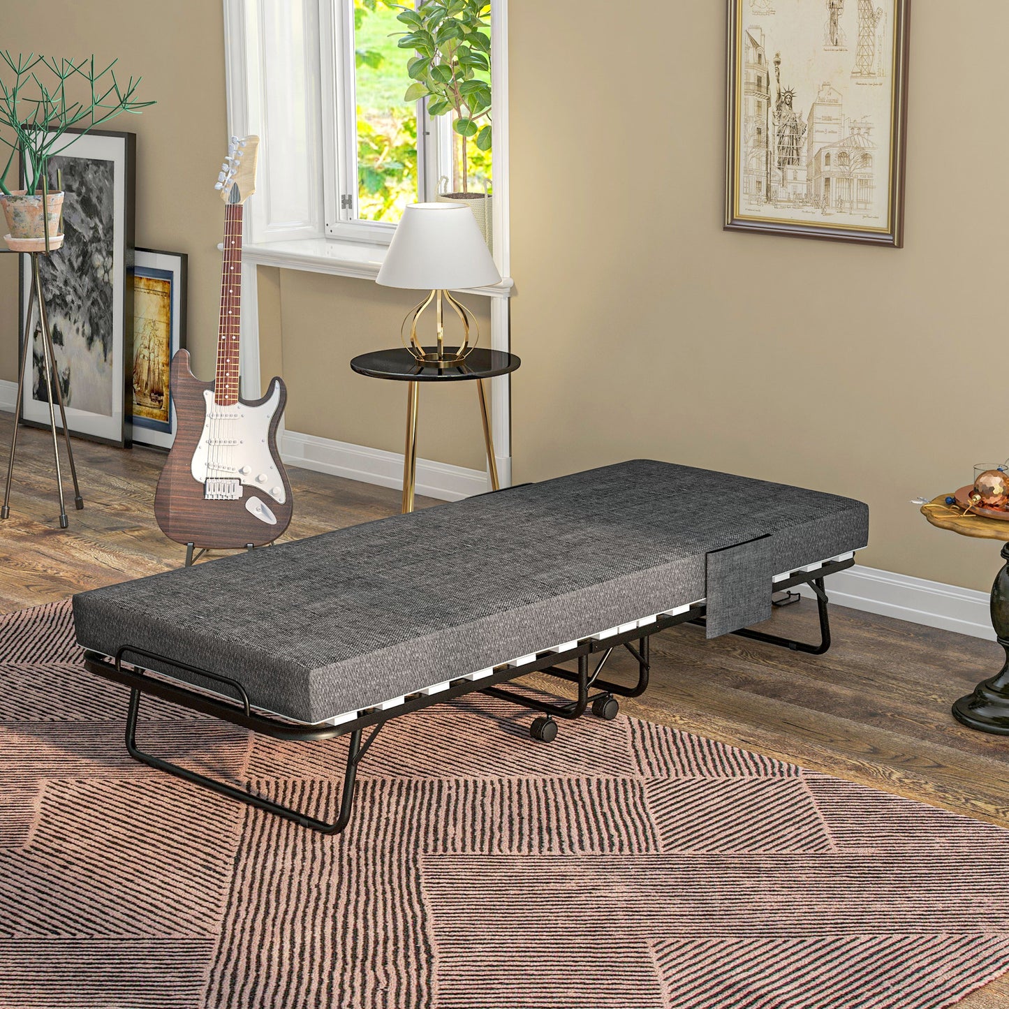 HOMCOM Single Steel Frame Folding Bed, with Wheels - Black/Grey